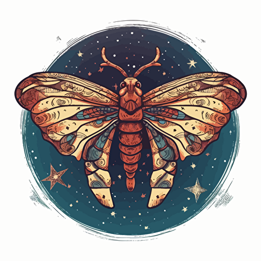 a beautiful moth with a surrounding star design in detailed drawing style + simple vector + bright colors on a white background