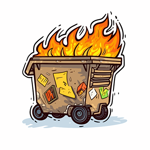sticker, dumpster on fire, contour, vector, white background