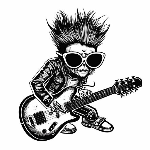 vectorial drawing of logo for a Ska band of a antropomorphic fruit fly wearing playing the guitar, sunglasses, punk rock clothing style, minimalistic, color scheme black and white, moahawk hairstyle, halftones, chinese ink technique