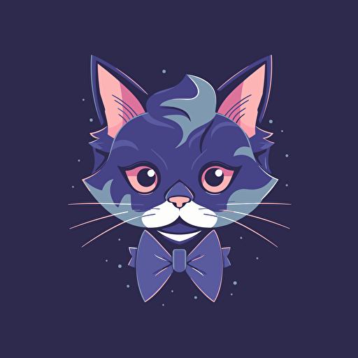 logo design, flat 2d vector logo of a cat in a bowtie, muted purple and blue colors, 80s, star-wars-inspired