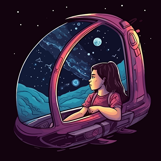a small space ship with a young girl looking out of the window as it flies through the stars. Vector illustration.