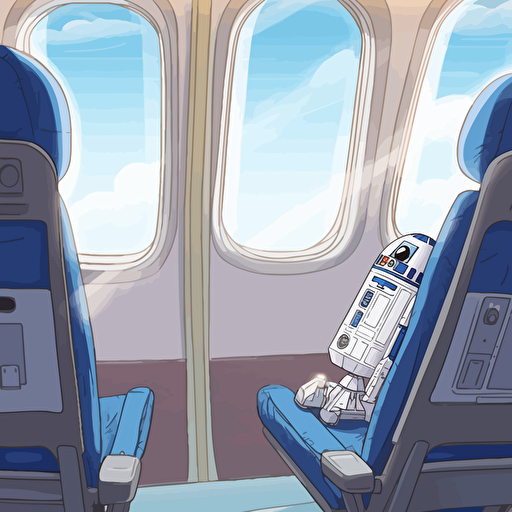 R2D2 sitting in cockpit seat of a Boeing 747. Outside the windows there is bright blue sky and sunshine. vector drawing childrens book