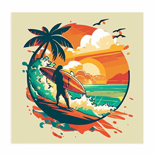 summer surfing vector illustration, in a clean, simple design, on an easily removable background, wide view, atmospheric, animecore::4