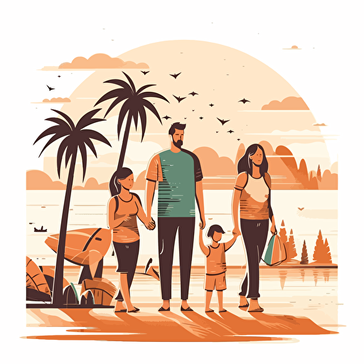 2d vector style art, family on a beach, on a white background