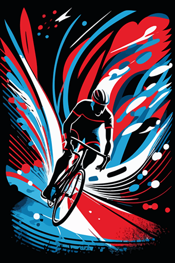 abstract outdoor cycling, blue, red and white colors, pop art deco illustration, hand vector art, black background,