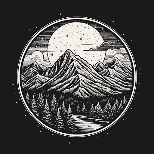 a vector monochromatic logo that includes a mountain and moon background