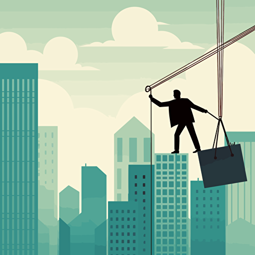 a city scape with an office worker wearing a suit and clearly holding a large briefcase, swinging between building holding onto a rope