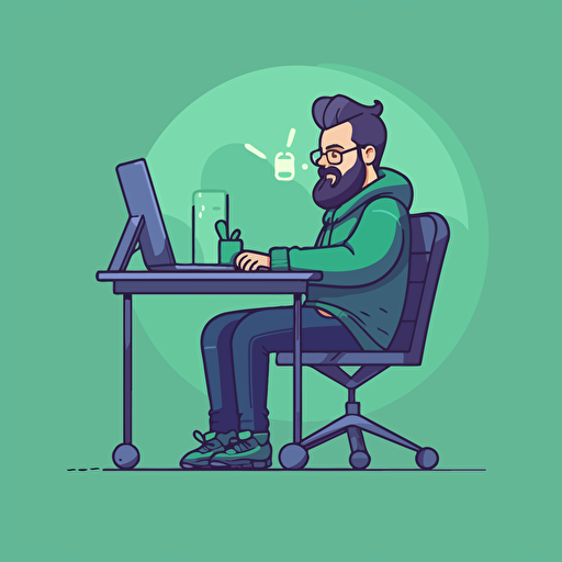 a flat vector illustration in #1d3c46 blue and #80c926 green. Cartoony, simple, tech company style, of a person using a computer