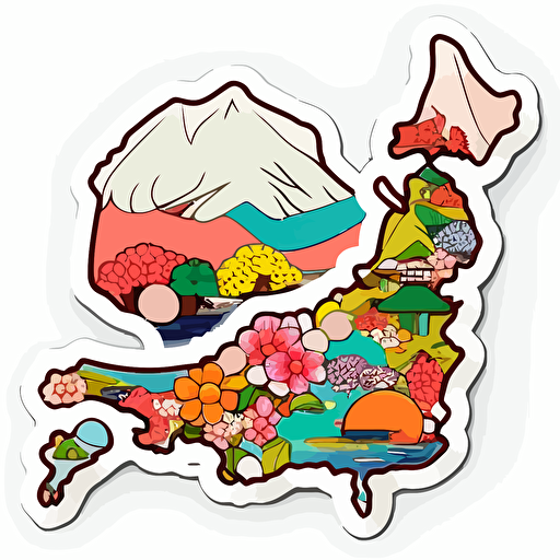 sticker, Japan map, kawaii, contour, vector, vibrant colours, white background