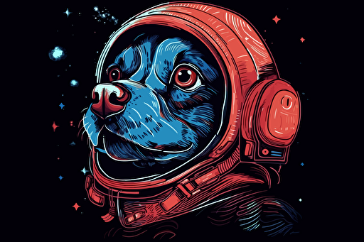 Illustration of a dog in space, stylized, transparent background, detail, red and blue, vector, colorfull
