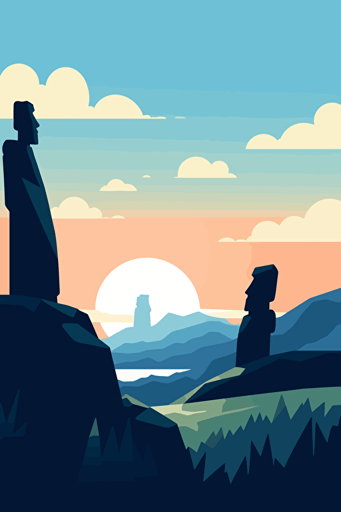long distance view of Easter island, blue sky, vector design, minimalist, flat