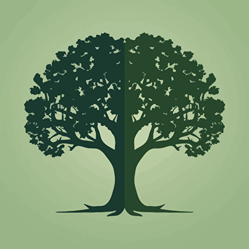 3 color symbol logo of two different size oak trees side by side, it has to be geometrical, simple, elegant, green color palette, dartk #444654 background, design is vector style,
