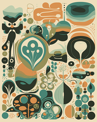 organic shapes and elements from nature, retro aesthetics, vector image, sticker design, pantone colors: 12