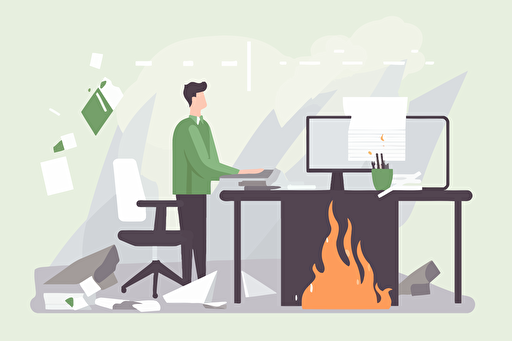 Person in an office next to a trash fire, flat style illustration for business ideas, flat design vector, industrial, light and magical, high resolution, entrepreneur, colored cartoon style, light green and dark green, cad( computer aided design) , white background