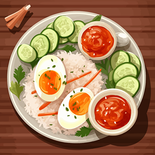 Rice with red pork, boiled eggs in 2 halves and cucumbers on the side of the plate. The red sauce shop looks appetizing. The image is in vector style.