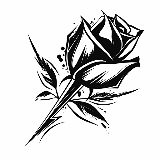 minimal vector art symbol of a rose and a blade, simple design, black on white backdrop