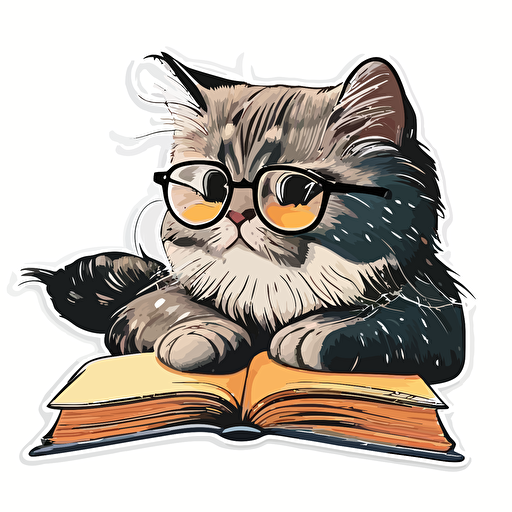 sticker, cute cat reading a book with glasses, liu yi artist style, vector, contour, white background