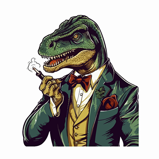 T-rex smoking a cigar wearing a suit, big colour design, on blank white background, vector art, 2d