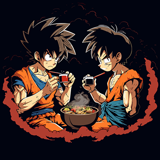 Goku vs Monkey D. Luffy ramen eating contest. Vector image. Drawing. High detailed. Black background.