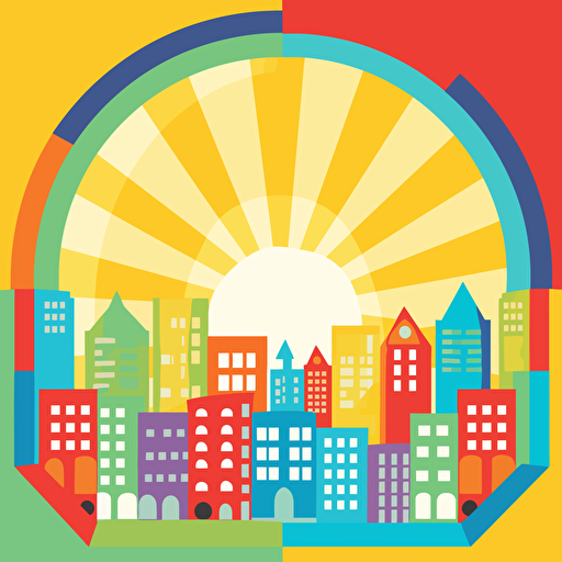 a basic city themed card back design in a symmetrical design, fun primary colours with a vector art style
