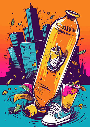 poster, a skateboard, A glass of cocktail , glide fast, drunk, cartoon, graffiti, vector, illustration