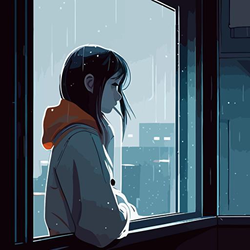 vector design ambient occlusion unreal engine 5 cell shaded art wistful anime girl looking out rainy window into city, incense burning on windowsill