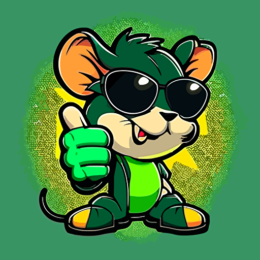 green mouse, vector image, Basil, twitch emote, sun glasses with a thumbs up, clean illustration, cartoon, emoji