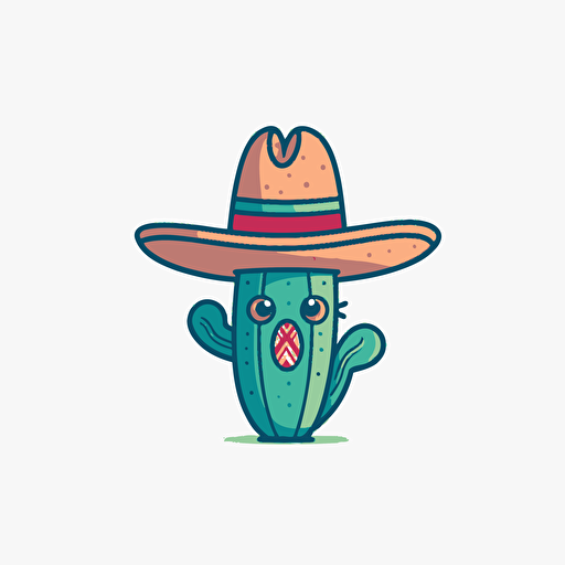 Cactus Comic, mexican Hat, mexican colors, colorful, comic vector illustration style, flat design , minimalist logo, minimalist icon, flat icon, adobe illustrator, cute, white background, simple