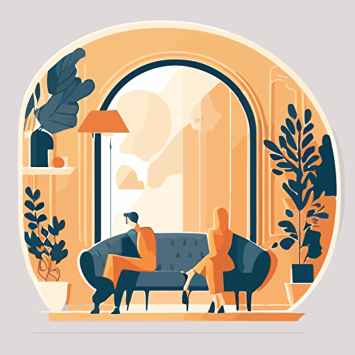 minimalist vector illustration art flat design. A couple is sitting together on the couch in a cozy mezzanine, antique mirror on the wall.