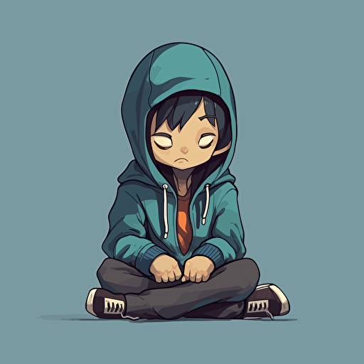 a young child hacker, sitting on the floor, meditating, wearing a hoodie. cartoonish, cute, vector, anime