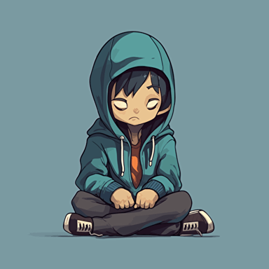 a young child hacker, sitting on the floor, meditating, wearing a hoodie. cartoonish, cute, vector, anime