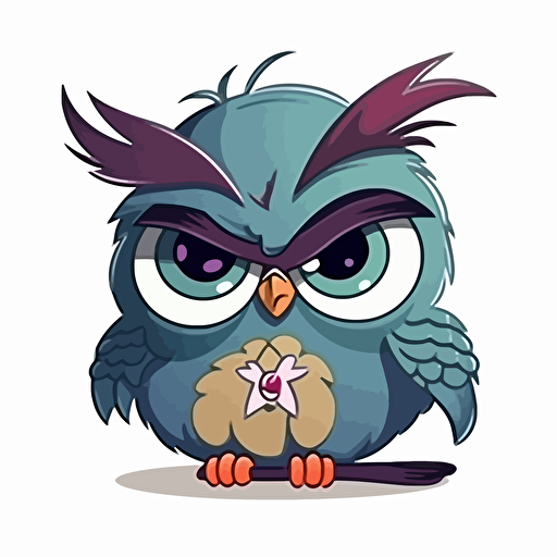 female grumpy owl, girl colors, style of children's cartoon, vector art, isolated on white, no background