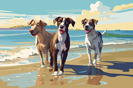 a Jack Russell terrier, a fat chocolate Labrador, a fawn American Great Dane, playing at a beach, vector art style,