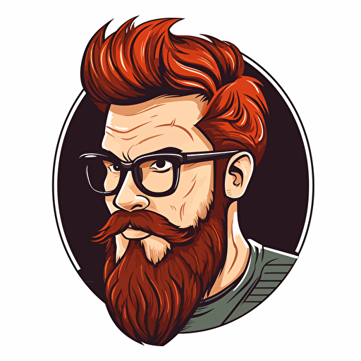 a brown hair, red beard man, with glasses, looking aside, logo, rounded, vector