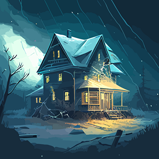 A survivor base, built in a two story suburban house is enduring a chilling winter storm with strong winds. Colors are cold and the image should convey a slight sense of panic. Warm light is seen on the inside of the house. Vector illustration.