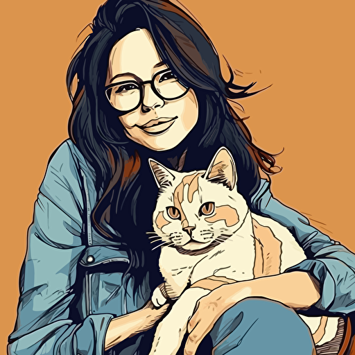 vector art style, 22 year old white asian female, thick rim glasses, holding a cat, in the style of Michael Parks