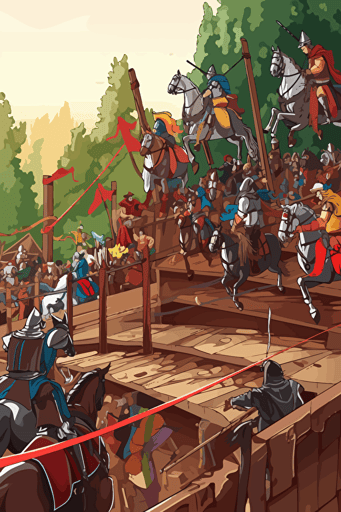 renaissance festival jousting match, cartoon, vector illustration, audience in the background, colorful
