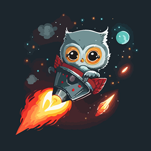 a flat vector illustration of a baby owl riding a silver rocket with a red cone in space with flames coming out the back
