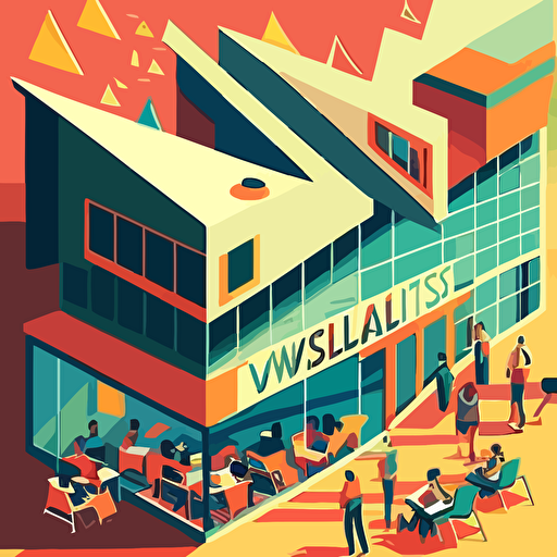 vibrant community center, people teaching and learning, books and computers, 45deg perspective, vector style, clean background