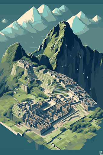 birds eye view of machu pichu, blue sky, vector design, minimalist, flat