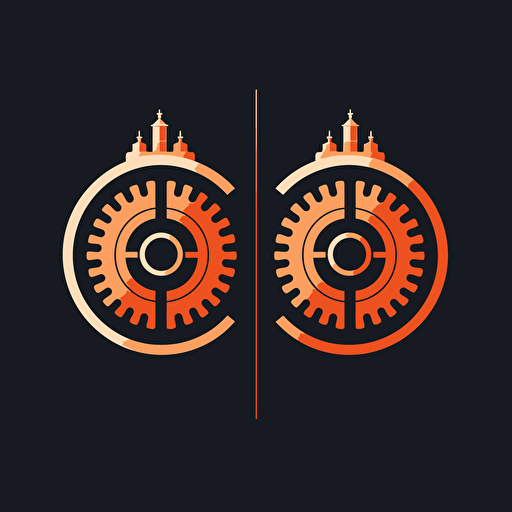 create a simple logo with a gear in the middle and two gates surrounding it, mirror images of each other, vector, minimalistic