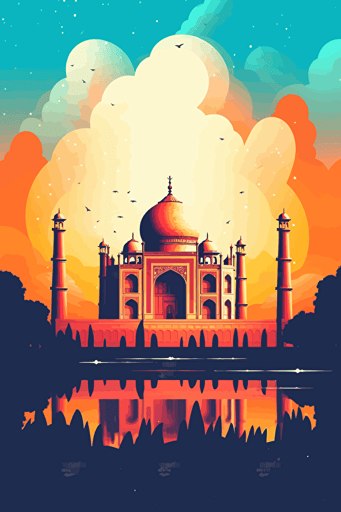 taj mahal, illustration, painting, colorful, sun in sky, front view, flat,vector