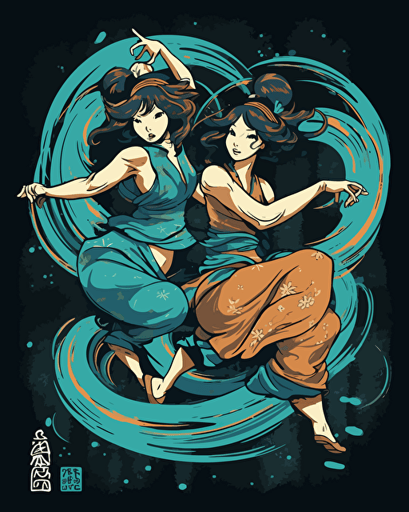 fukuume udon tv series download, in the style of lois greenfield, playful cartoonish illustrations, high-angle, whitcomb-girls, commission for, dark brown and cyan, strong use of color