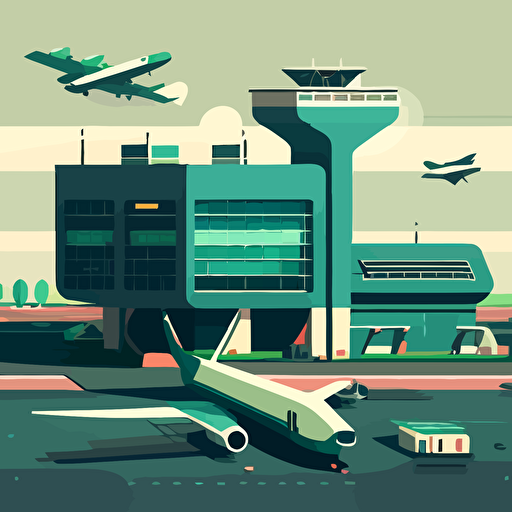 Using only tints of the colours navy and green, create a flat, vector illustration of an airport. The airport's architecture is boxy, and the airport building is the main focus of the illustration.