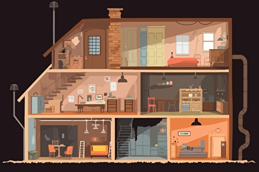 house in the section, there is a basement and a basement. There are old things in the attic. simple vector cartoon style,