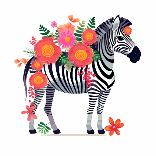 zebra with flowers, detailed, cartoon style, 2d clipart vector, creative and imaginative, hd, white background