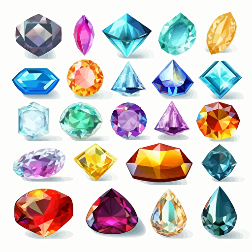 Collection of mythological cut jewels, hindu, translucent, shiny object, high detail, symmetrical, vector, cartoon, white background