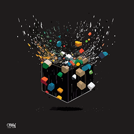 simple logo, minimalist, 9 cuded vectorized, gray and black colors on the exterior print layer , delicacy, interlayer of 1/2 size small muilti-colored cubes inside falling out of the cube, with different shades, black background