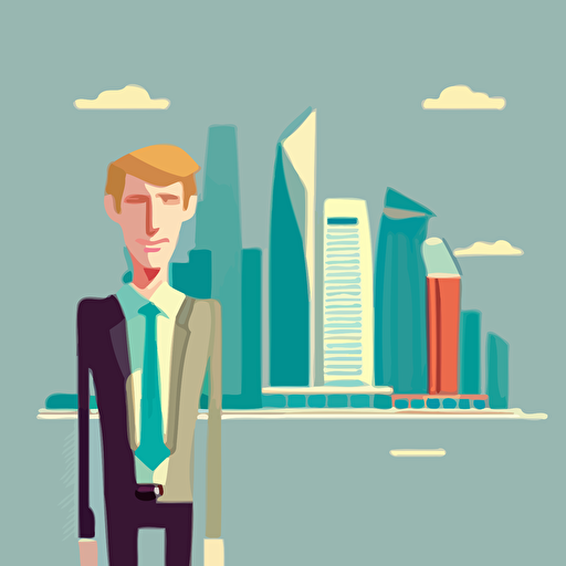 minimal vector flat illustration of modern business man standing next to emirates towers dubai, smiling