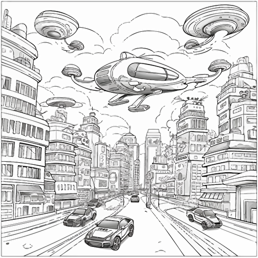 Futuristic City. Many Flying Cars. Cartoon. Coloring page. Vector. Simple.